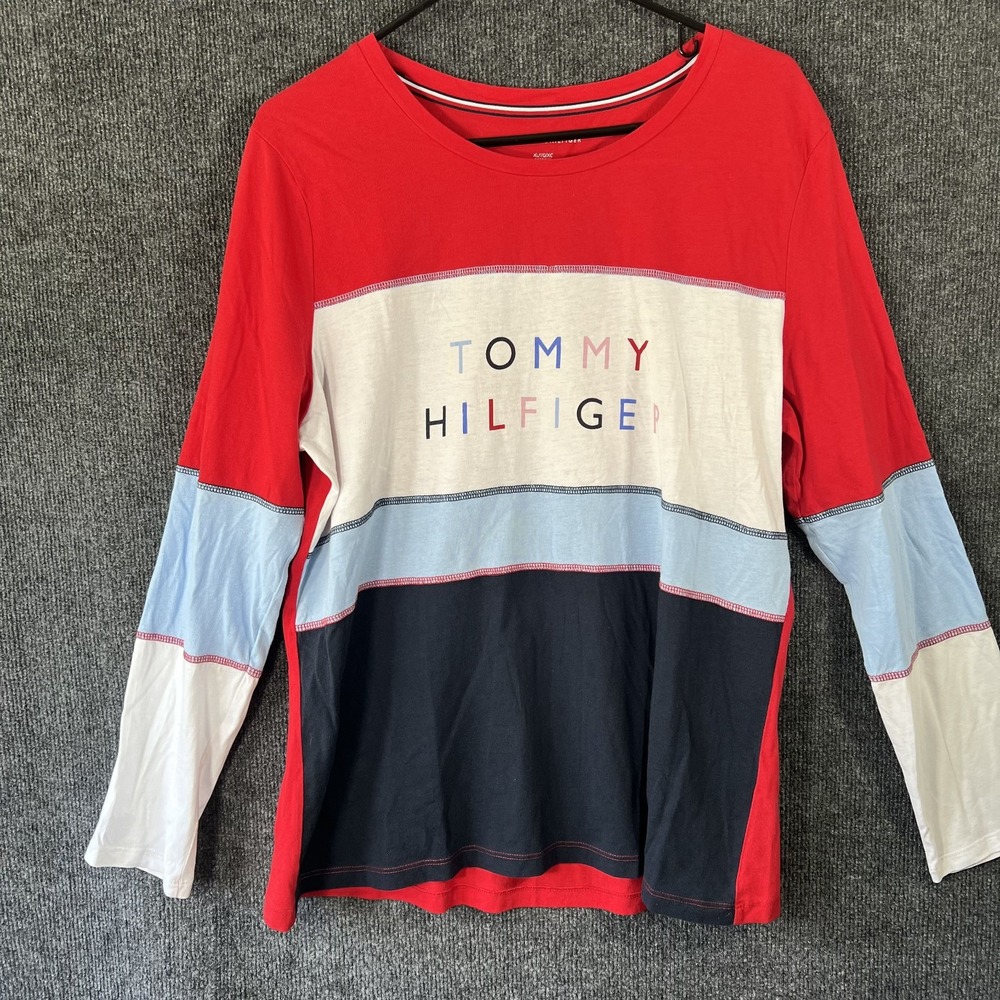Tommy Hilfiger Colorblock Long Sleeve Shirt Womens XL Red White Blue Graphic Tee